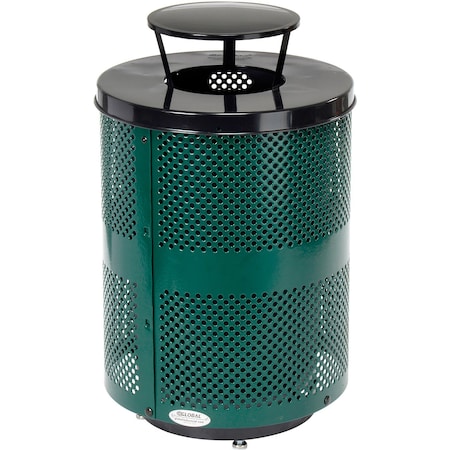 Global Industrial Outdoor Perforated Steel Trash Can W/Rain Bonnet Lid & Base, 36 Gallon, Green 261927GND